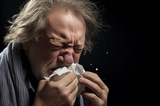 Old senior blowing nose. Nose virus flu. Generate Ai