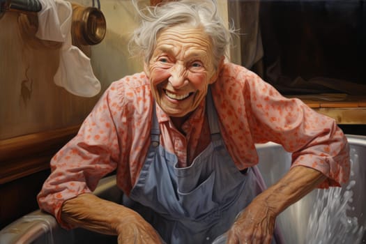 Warm Grandma housewife at kitchen. Home portrait with sad aged woman. Generate Ai