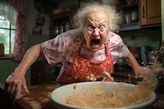 Methodical Grandma housewife at kitchen. Home portrait with sad aged woman. Generate Ai
