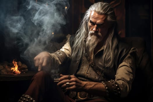 Old witcher smoke. Art magician book dark lab. Generate AI