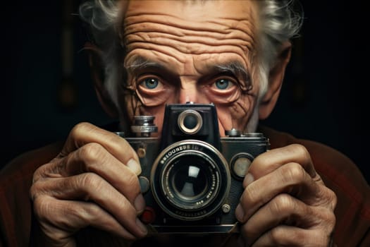 Photogenic old man take photo at street. Person city. Generate Ai