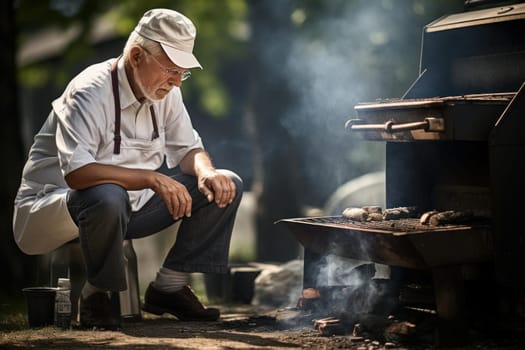 Older man grill day. Food party. Generate Ai