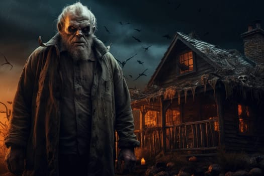 Shadowy Old man halloween house. Holiday spooky. Generate Ai