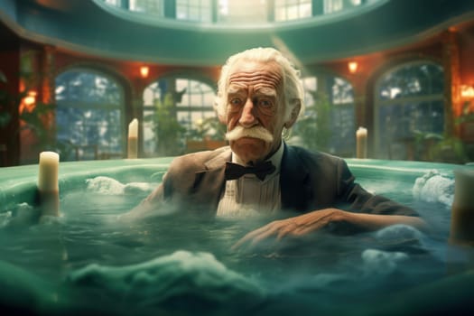 Old man jacuzzi. Vacation therapy. Generate Ai