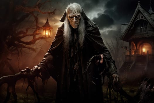 Chilling Old man halloween house. Holiday spooky. Generate Ai