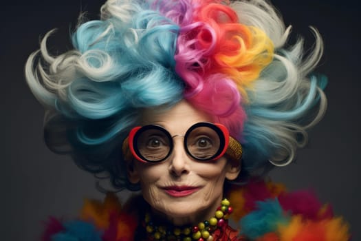 Trendy Old lady colored hair. Face fun wavy. Fictional person. Generate Ai