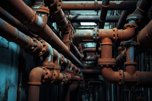 Abandoned Stack of rusty orange pipes. Old rusted steel industrial pipelines covered with oxidized scab. Generate ai