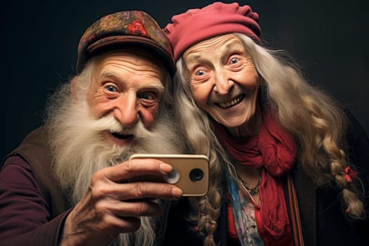 Endearing Senior old couple selfie. Female care. Generate Ai