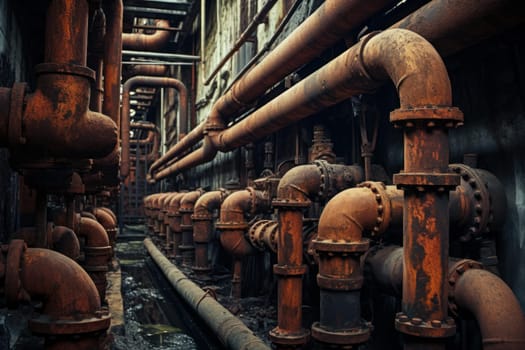 Cylindrical Stack of rusty orange pipes. Old rusted steel industrial pipelines covered with oxidized scab. Generate ai