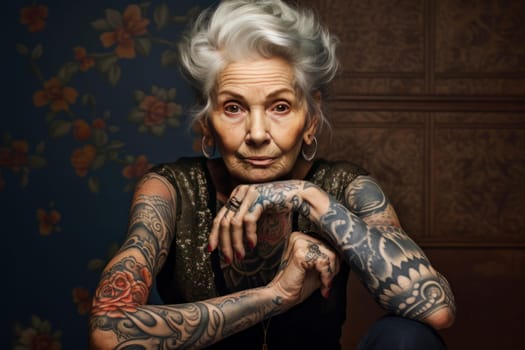 Vintage Old woman tattoo. Senior mature lady. Generate Ai