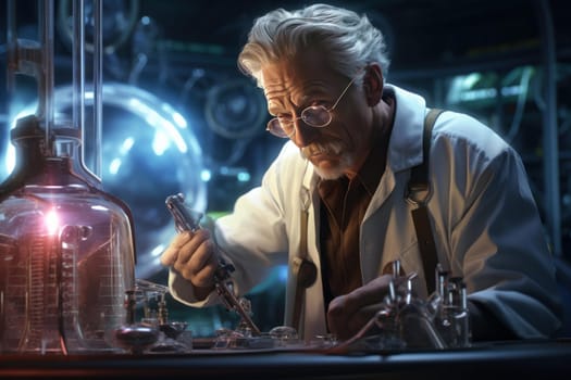Dilapidated Old futuristic scientist lab. Business information. Fictional person. Generate Ai