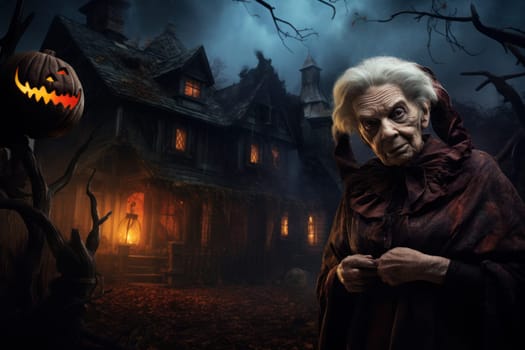 Old woman halloween house. Fear mystery. Generate Ai