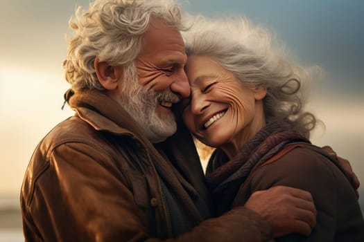 Old couple beach. Man sea older. Generate Ai