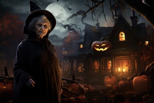 Spooky Old woman halloween house. Fear mystery. Generate Ai