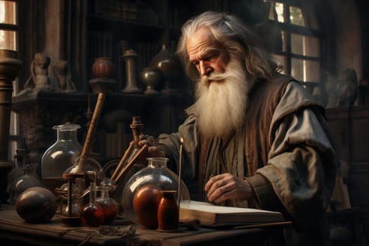 Dedicated Old medieval alchemist. Lab alchemy. Fictional person. Generate Ai