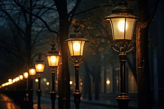 Atmospheric Lamp lightning on old street. Glowing lantern on urban historical wall avenue. Generate ai