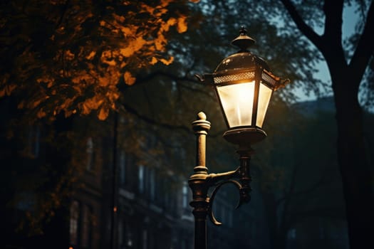 Illuminating Lamp lightning on old street. Glowing lantern on urban historical wall avenue. Generate ai