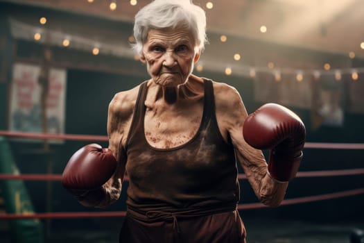 Unyielding Old woman boxer. Person healthy. Generate Ai