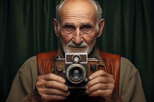 Adventurous old man take photo at street. Person city. Generate Ai