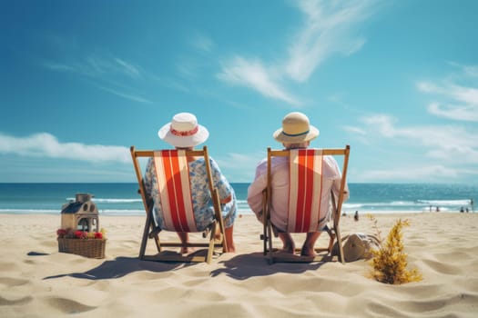 Weathered Old couple beach. Man sea older. Generate Ai
