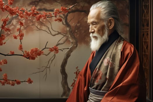 Colorful Old man japanese kimono. Male adult portrait. Generate Ai