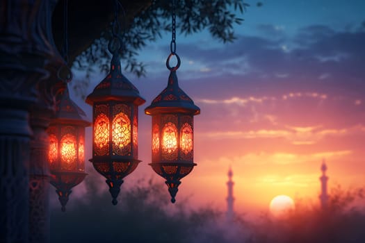 fanous Ramadan lanterns at night with mosque in the background. Neural network generated in January 2024. Not based on any actual scene or pattern.