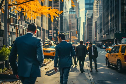 Close up abstract business background with businessmen navigating the cityscape, Interacting and collaborating. Neural network generated image. Not based on any actual person or scene.