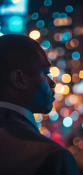 Close up of a young successful African American businessman looking at the night city with professional cinematic light. Neural network generated image. Not based on any actual person or scene.