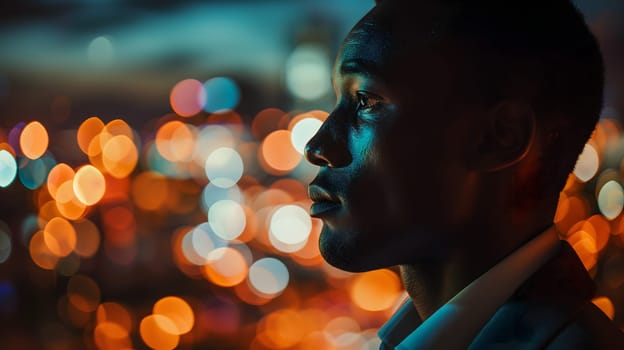 Close up of a young successful African American businessman looking at the night city with professional cinematic light. Neural network generated image. Not based on any actual person or scene.