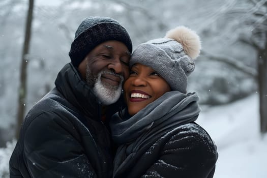 senior heterosexual African American couple in beautiful winter nature. Neural network generated image. Not based on any actual scene or pattern.