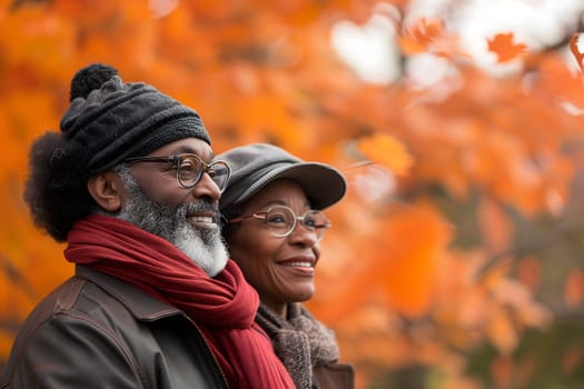 senior heterosexual African American couple in beautiful autumnal nature. Neural network generated image. Not based on any actual scene or pattern.