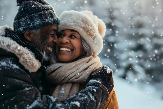 senior heterosexual African American couple in beautiful winter nature. Neural network generated image. Not based on any actual scene or pattern.