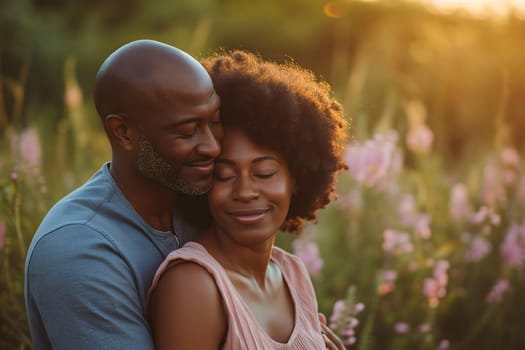 Young adult heterosexual African American couple in beautiful green summer nature. Neural network generated image. Not based on any actual scene or pattern.