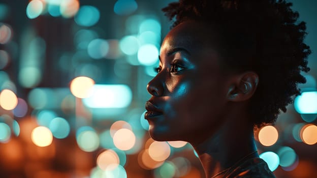 Close up of a young adult successful African American business woman looking at the night city with professional cinematic light. Neural network generated image. Not based on any actual person or scene.