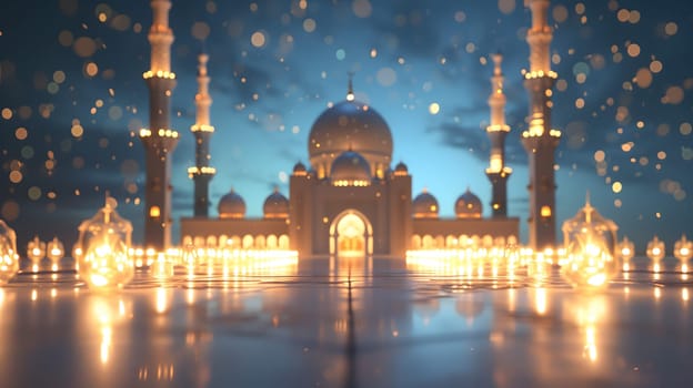 Ramadan mosque with night afterglow sky beautiful background, neural network generated image. Neural network generated in January 2024. Not based on any actual scene or pattern.