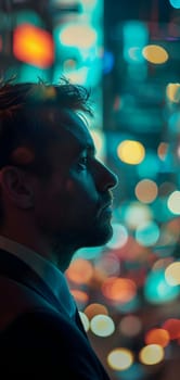 Close up of a young successful Caucasian business man looking at the night city with professional cinematic light. Neural network generated image. Not based on any actual person or scene.