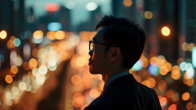 Close up of a young successful Asian business man looking at the night city with professional cinematic light. Neural network generated image. Not based on any actual person or scene.