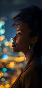 Close up of a young adult successful African American business woman looking at the night city with professional cinematic light. Neural network generated image. Not based on any actual person or scene.