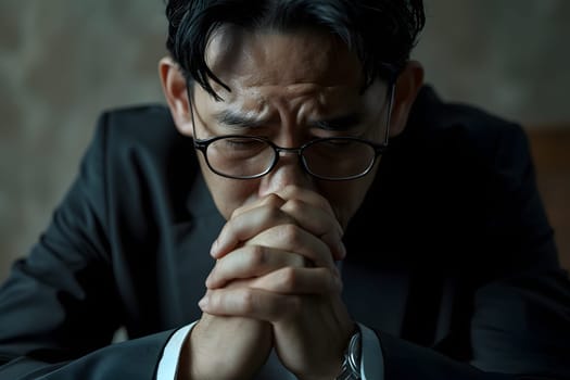 Asian businessman with glasses seated with hands clasped in frustration and stress. Neural network generated image. Not based on any actual person or scene.