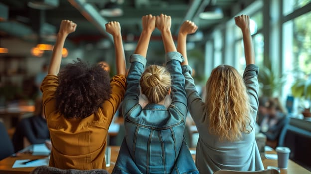 The business women hands up together while standing in the office. Teamwork concept. Neural network generated image. Not based on any actual person or scene.
