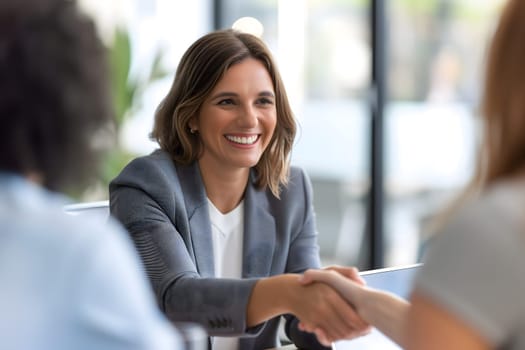 Happy mid aged business woman manager handshaking at office meeting. Neural network generated image. Not based on any actual person or scene.