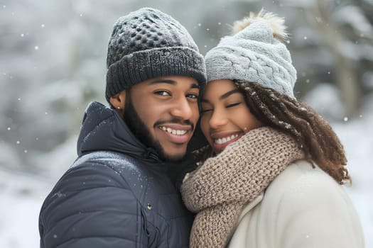 Young adult heterosexual African American couple in beautiful snowy winter nature. Neural network generated image. Not based on any actual scene or pattern.
