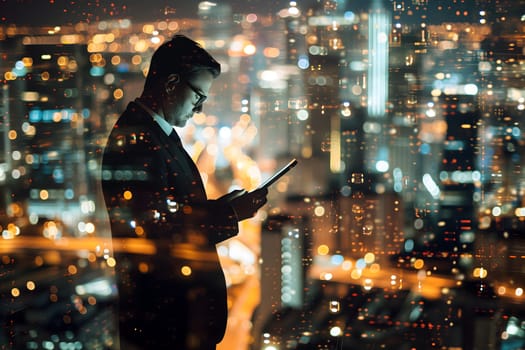 Double exposure of business and a city - Caucasian businessman using a digital tablet superimposed on a city skyline. Neural network generated image. Not based on any actual person or scene.