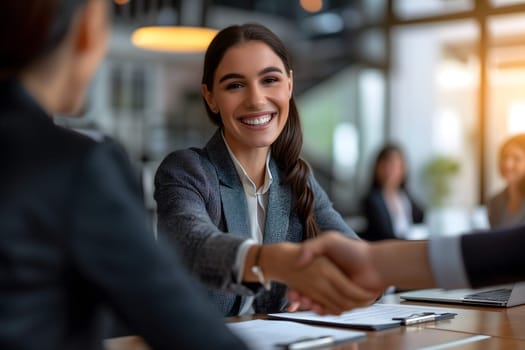 Happy mid aged business woman manager handshaking at office meeting. Neural network generated image. Not based on any actual person or scene.