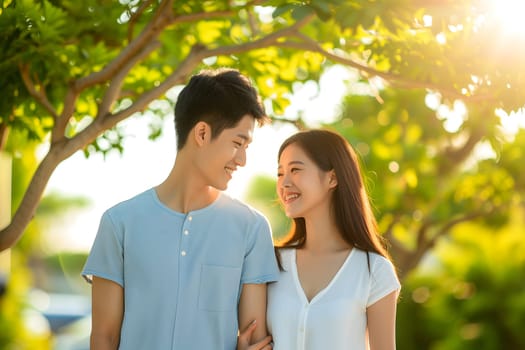 Young adult heterosexual Asian couple in beautiful summer nature. Neural network generated image. Not based on any actual scene or pattern.