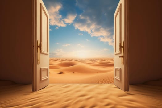 Open door at hot desert. Sunny future. Generate Ai