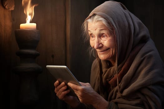 Old woman with tablet. Using screen. Generate Ai