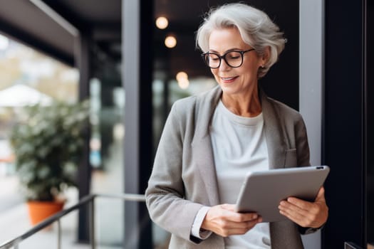 Wise Old woman with tablet. Using screen. Generate Ai