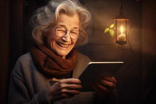 Tech-savvy Old woman with tablet. Using screen. Generate Ai