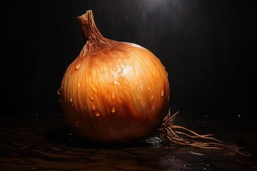 Onion on black background. Fruit with water drops. Generate Ai